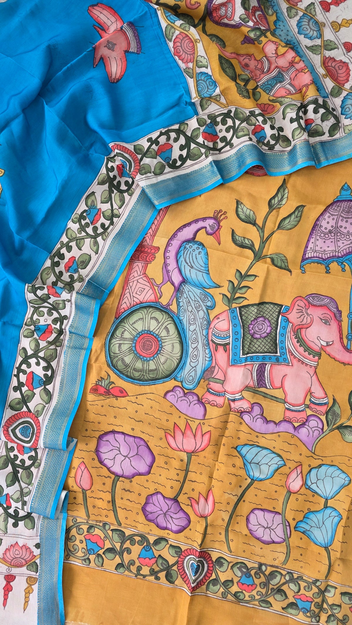 Kalahasthi Handcrafted Penkalamkari bangalore silk set -KH254
