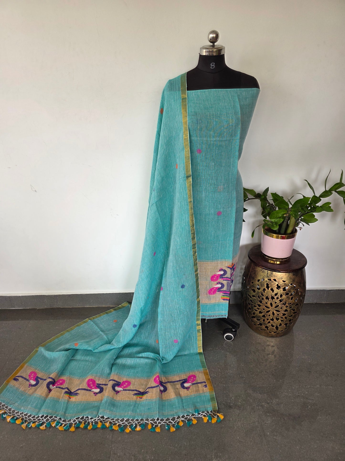 Premium handloom linen Paithani jamdhani set - JMM328