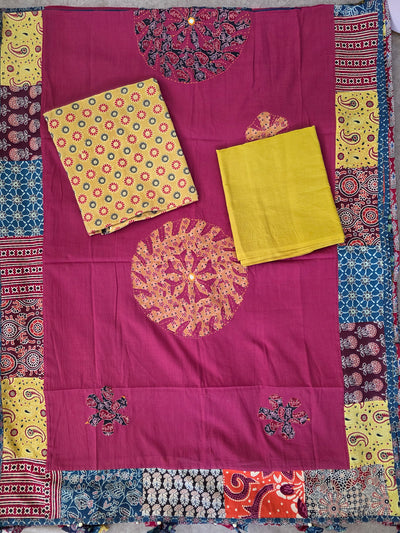 Handcrafted ajrakh cotton top with applique cotton shawl - BAA23