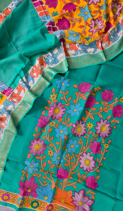 Handcrafted Kalahasthi Penkalamkari bangalore silk set - KH130