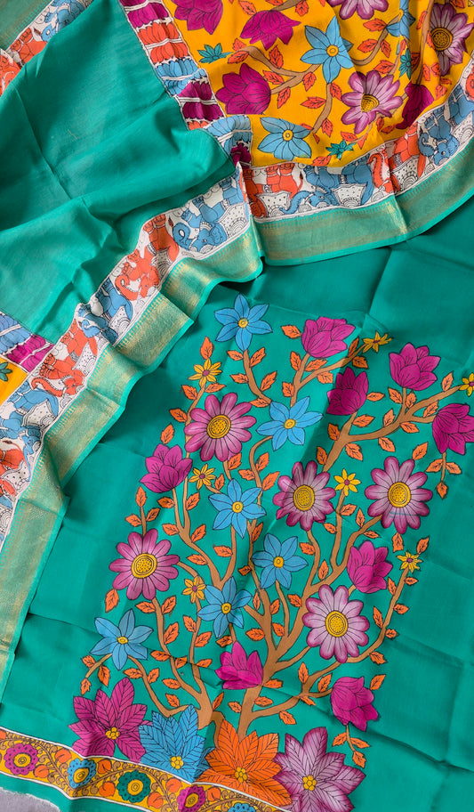 Handcrafted Kalahasthi Penkalamkari bangalore silk set - KH130