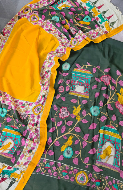 Handcrafted Kalahasthi Penkalamkari bangalore silk set - KH149