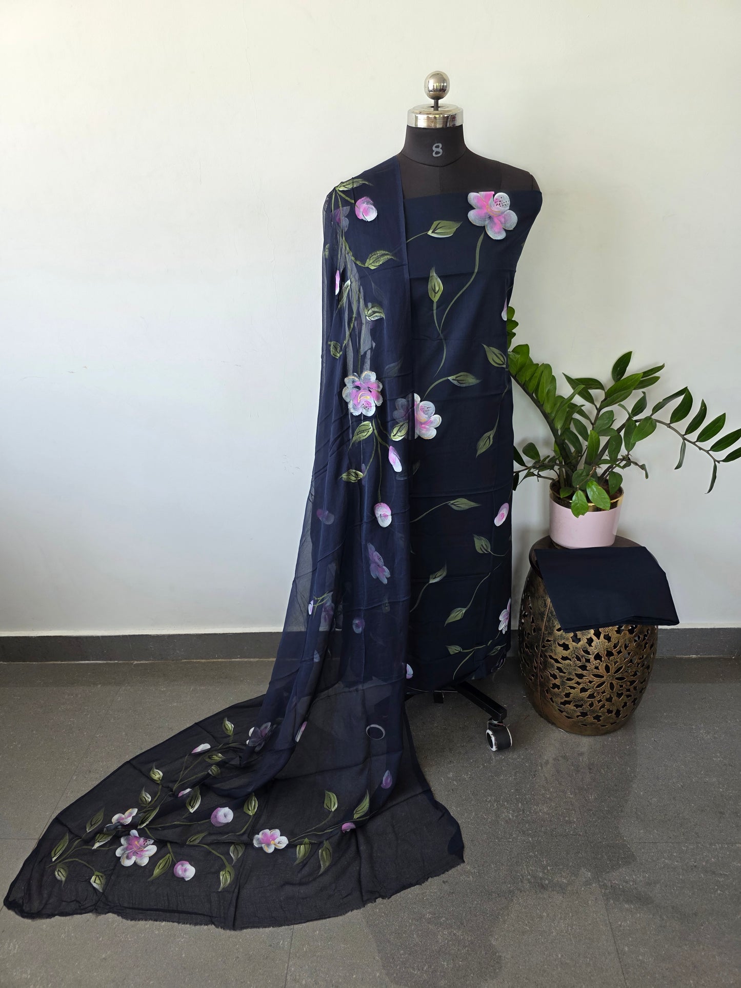 Handpainted Jaipuri pure cotton set with chiffon shawl - JA445