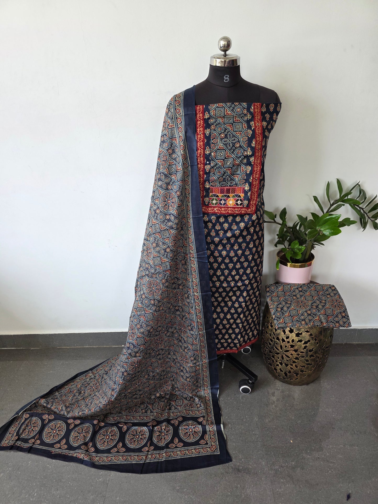 Premium Pure ajrakh cotton with gamthi neck work salwar - AS29