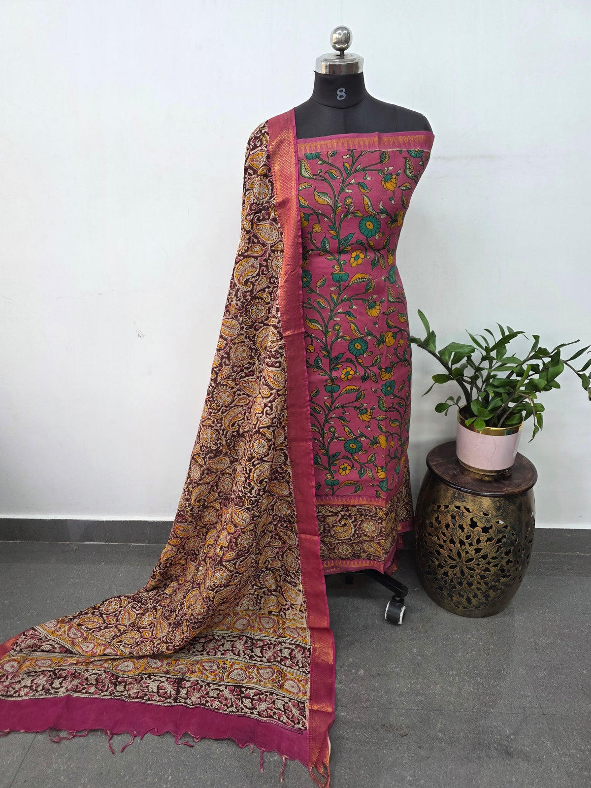 Mangalagiri kalamkari fusion gap border silk set-AK560