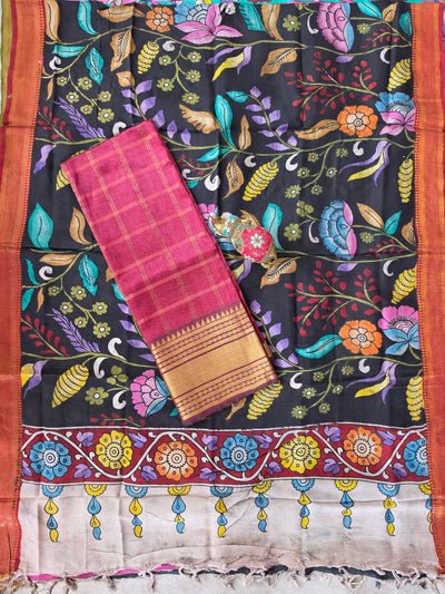 Handloom checked  mangalagiri pattu silk top with penkalamkari duppatta -AK585