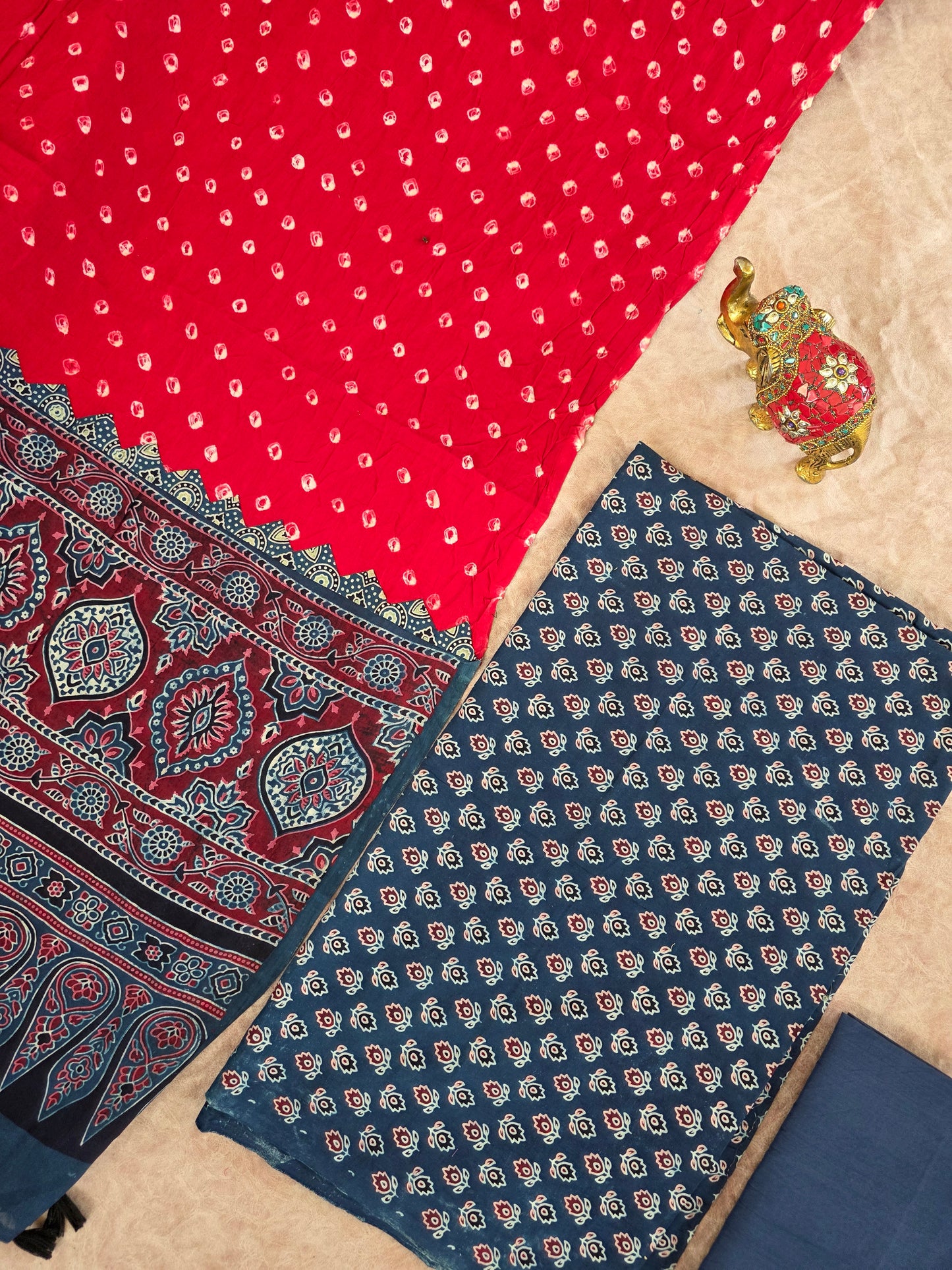 Handcrafted ajrakh cotton top with pure bandhani cotton shawl - BAA1
