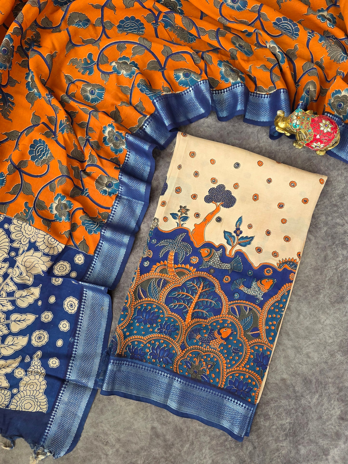 Kalamkari katha- Chennuri pure kalamkari silk set - AK380