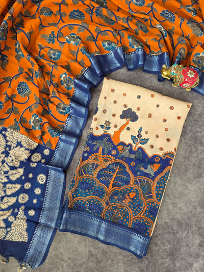 Kalamkari katha- Chennuri pure kalamkari silk set - AK380
