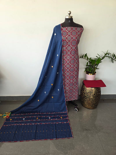 Handcrafted ajrakh cotton top kantha with mirror work cotton shawl - BAA55