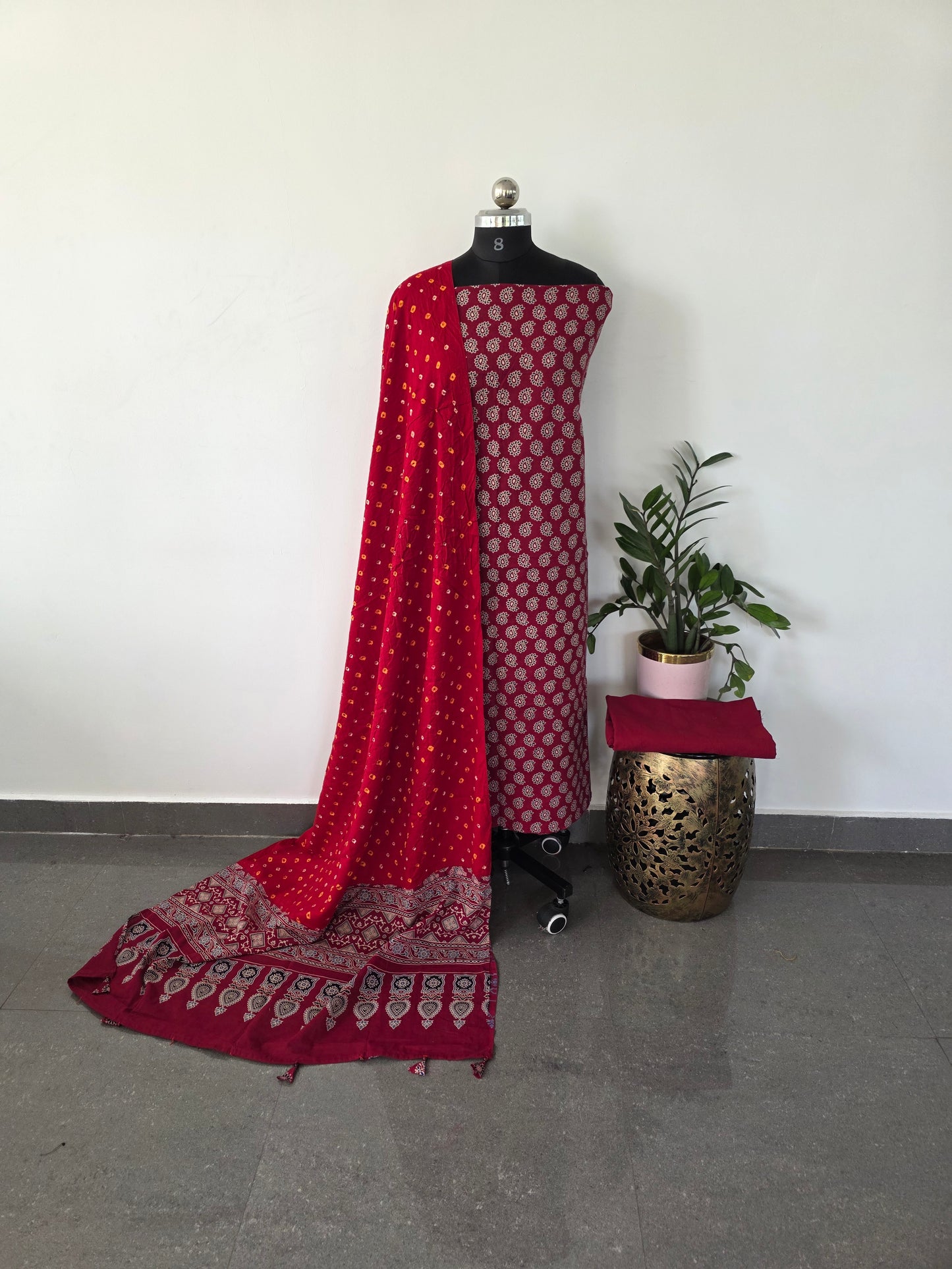 Premium ajrakh cotton top with pure bandhani cotton shawl - AB19