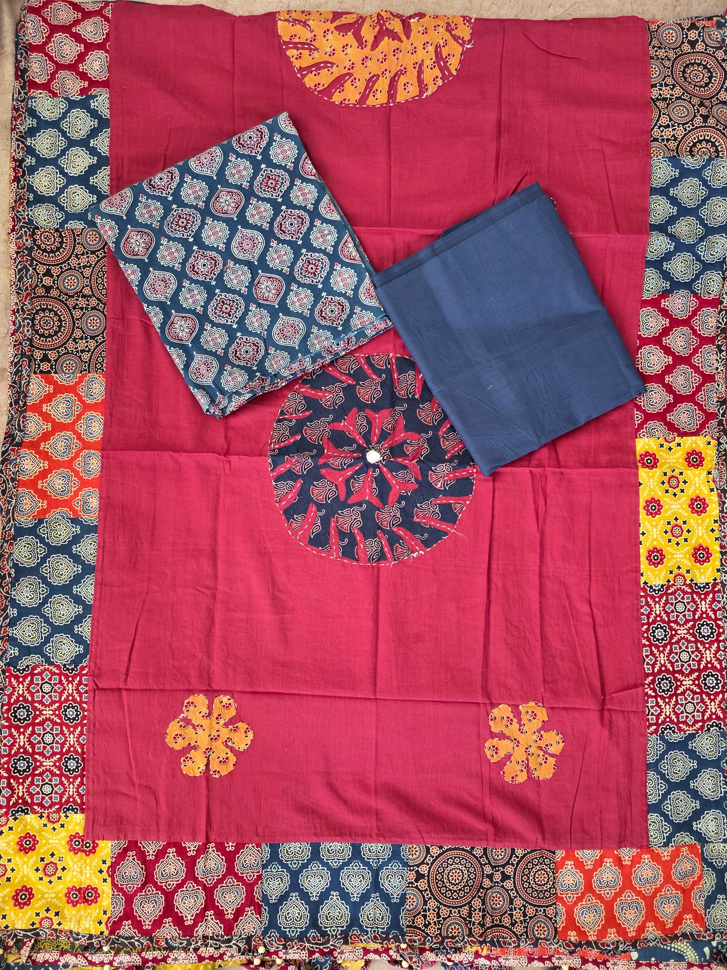 Handcrafted ajrakh cotton top with applique cotton shawl - BAA30