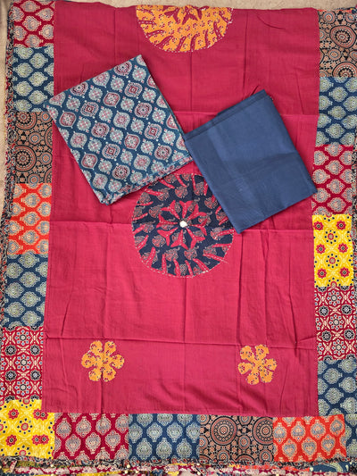 Handcrafted ajrakh cotton top with applique cotton shawl - BAA30