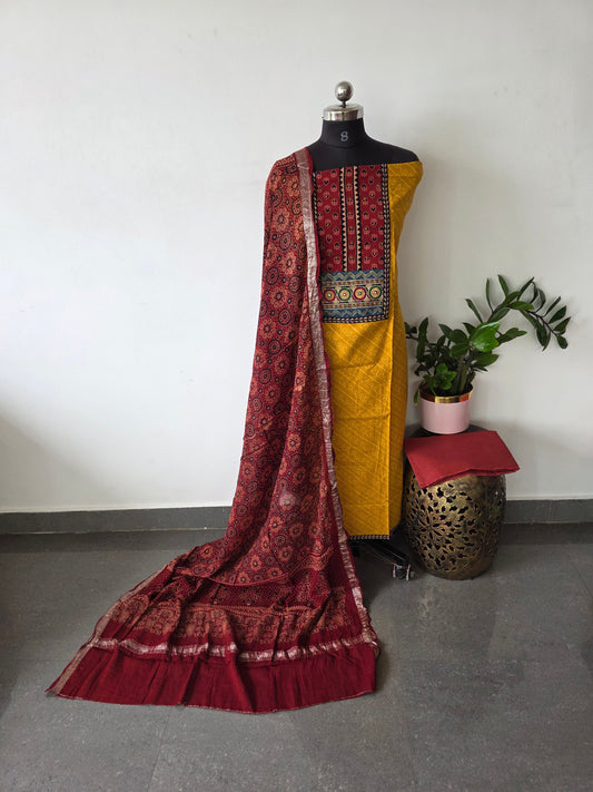Premium ajrakh cotton with handwork yoke zari border salwar set - AS50
