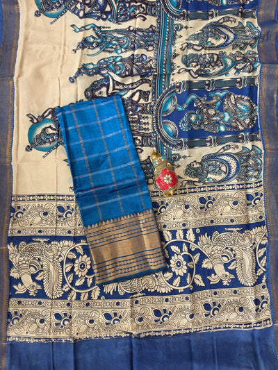 Handloom checked mangalagiri pattu top with chennuri kalamkari duppatta -AK607