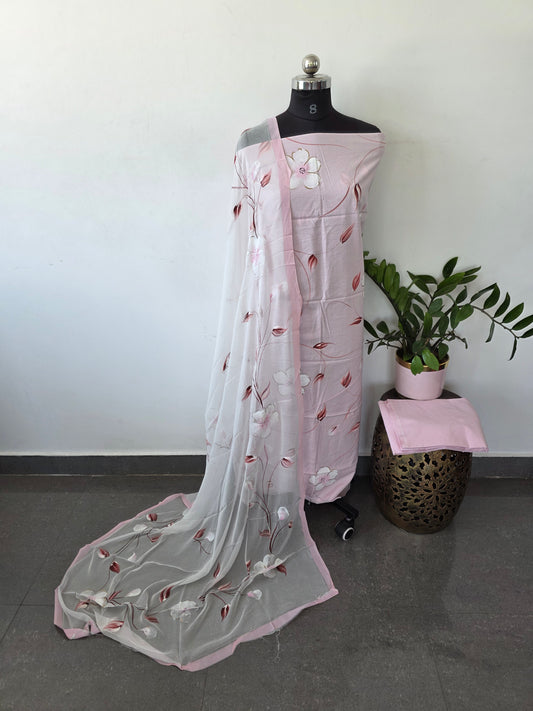 Handpainted Jaipuri pure cotton set with chiffon shawl - JA455