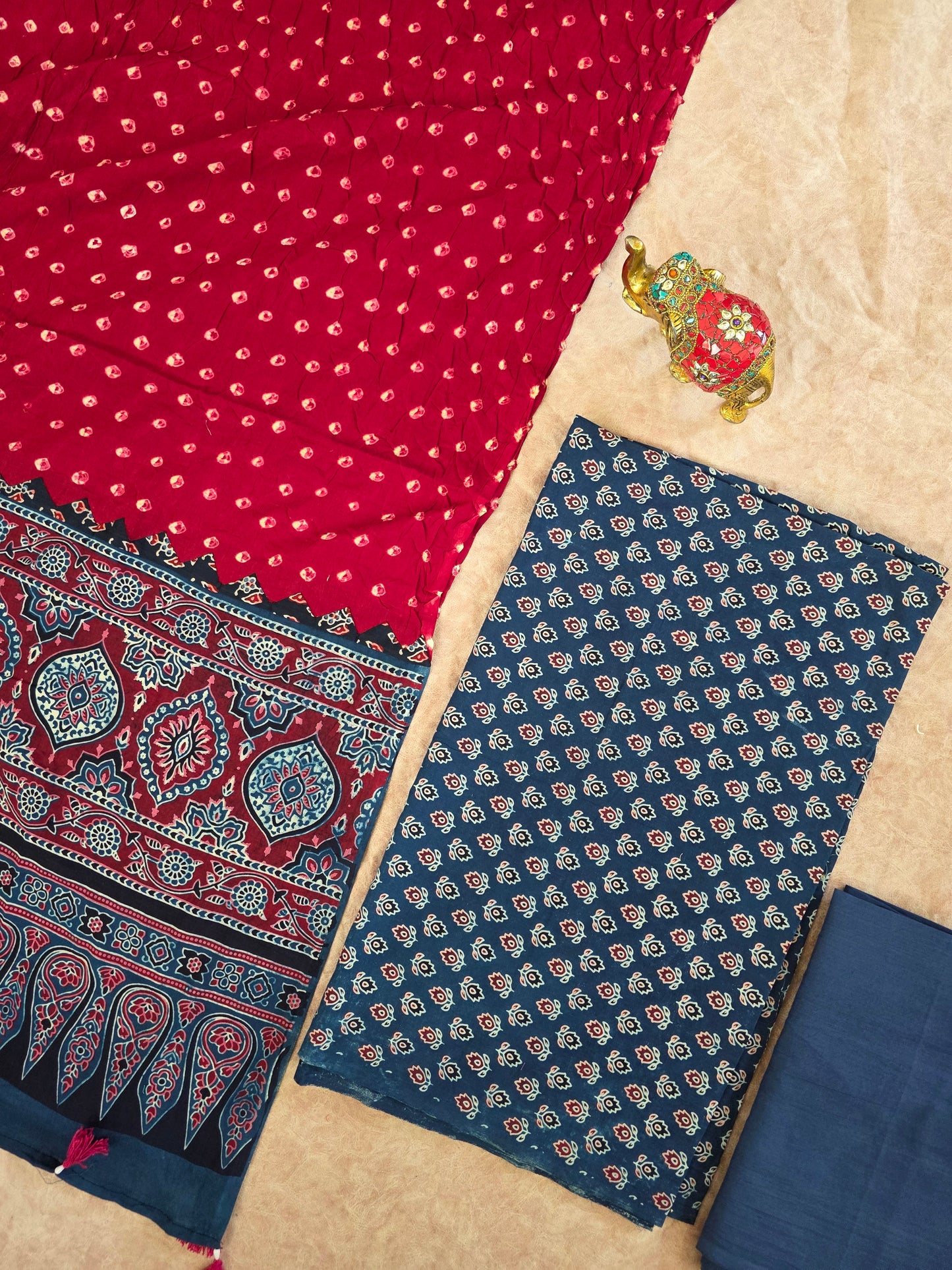 Handcrafted ajrakh cotton top with pure bandhani cotton shawl - BAA2