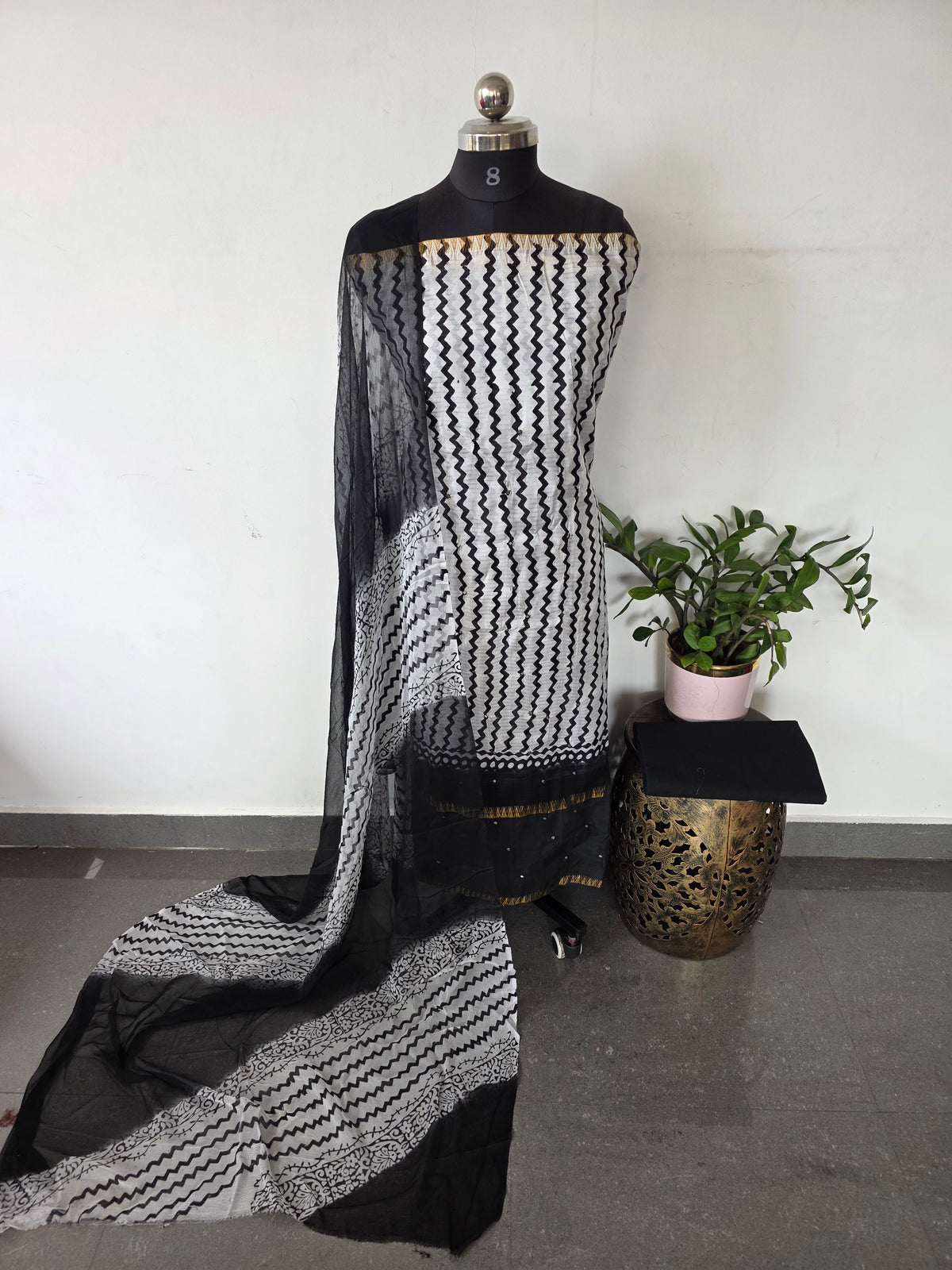Handblock soft silk set with mirror work & georgette duppatta   - GE254