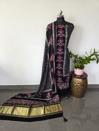 Handcrafted ajrakh modal silk with lagdi patta shawl set - HZ149