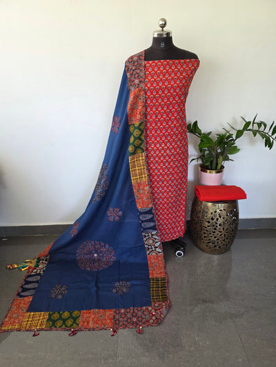 Handcrafted ajrakh cotton top with applique cotton shawl - BAA22