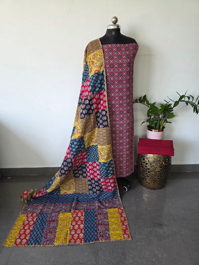 Handcrafted ajrakh cotton top with heavy batch work cotton shawl - BAA71