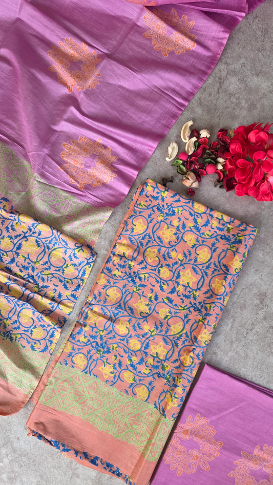 Bhagalpuri katan handblock silk set - DB21