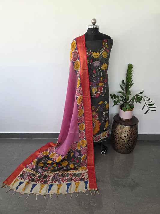 Handcrafted Kalahasthi Penkalamkari bangalore silk set- HP23