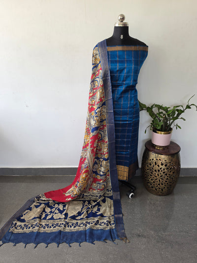 Handloom checked mangalagiri pattu top with chennuri kalamkari duppatta -AK616
