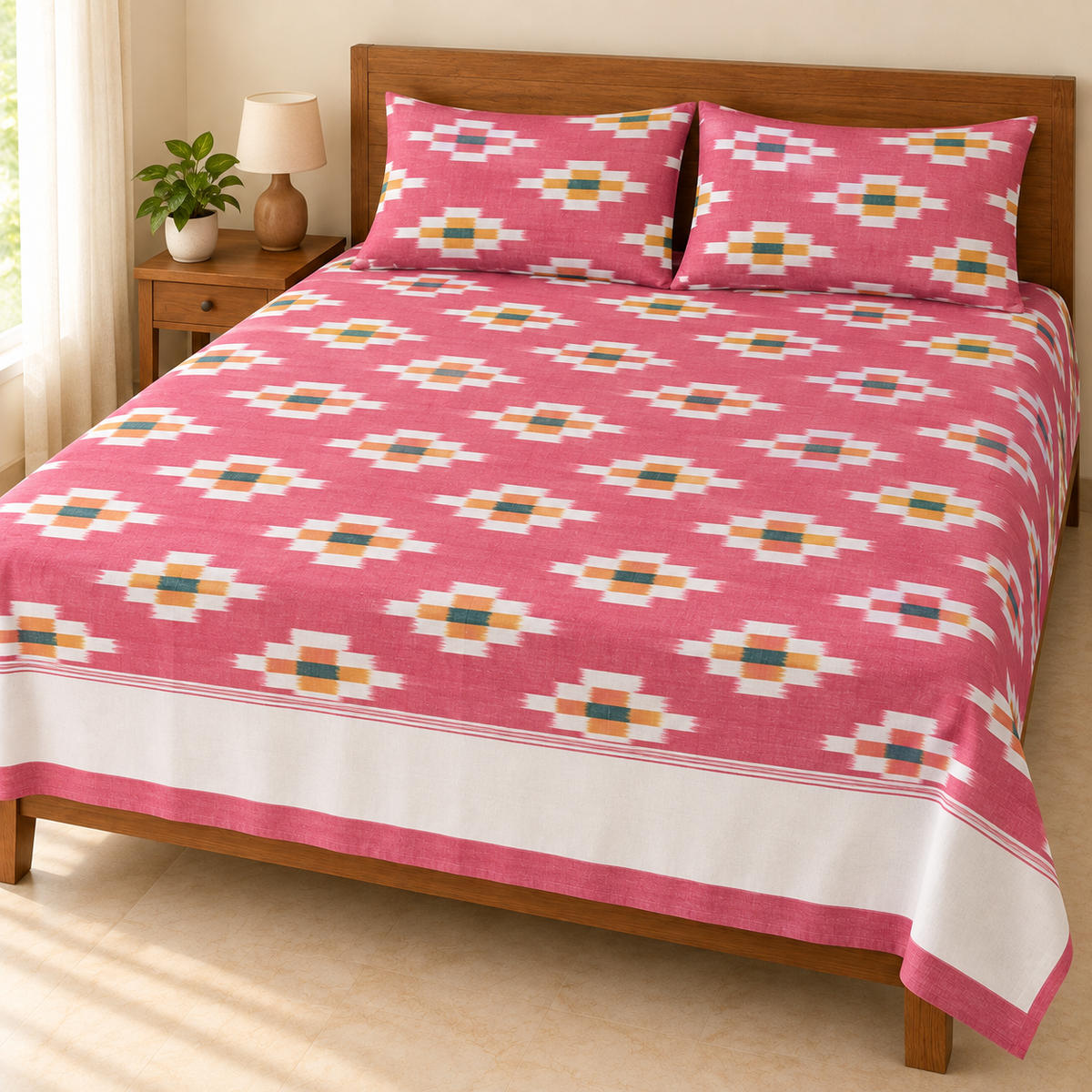 Warp ikkat bed sheets (90*108 2/40s bedsheet with pillow) -WW664