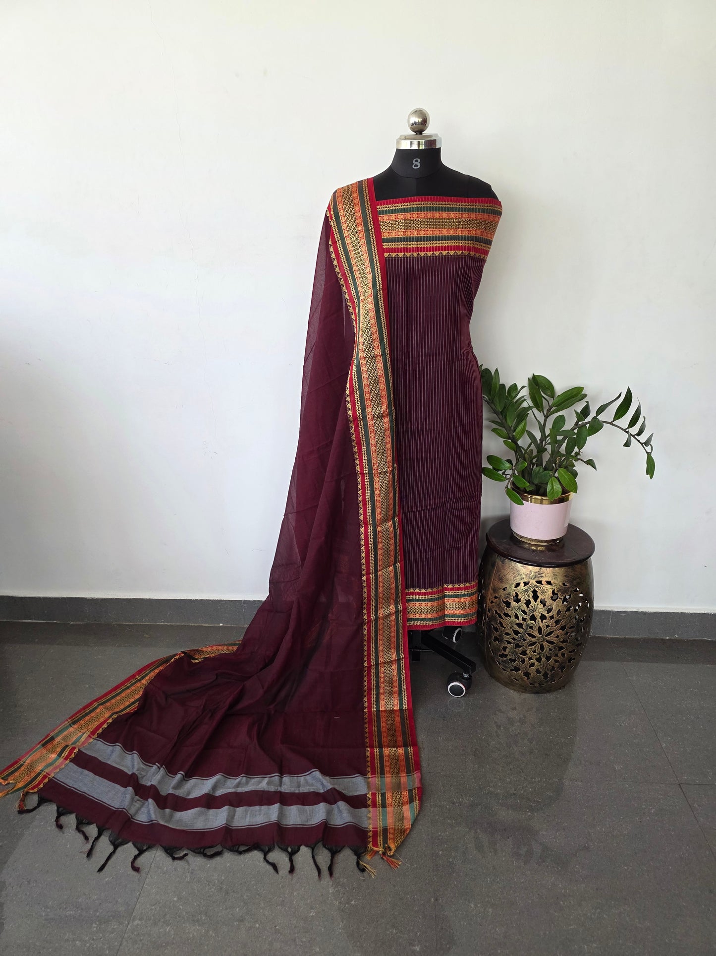 Mercerised stripes narayanapet salwar set (4.5 meters)(brown)- NA424