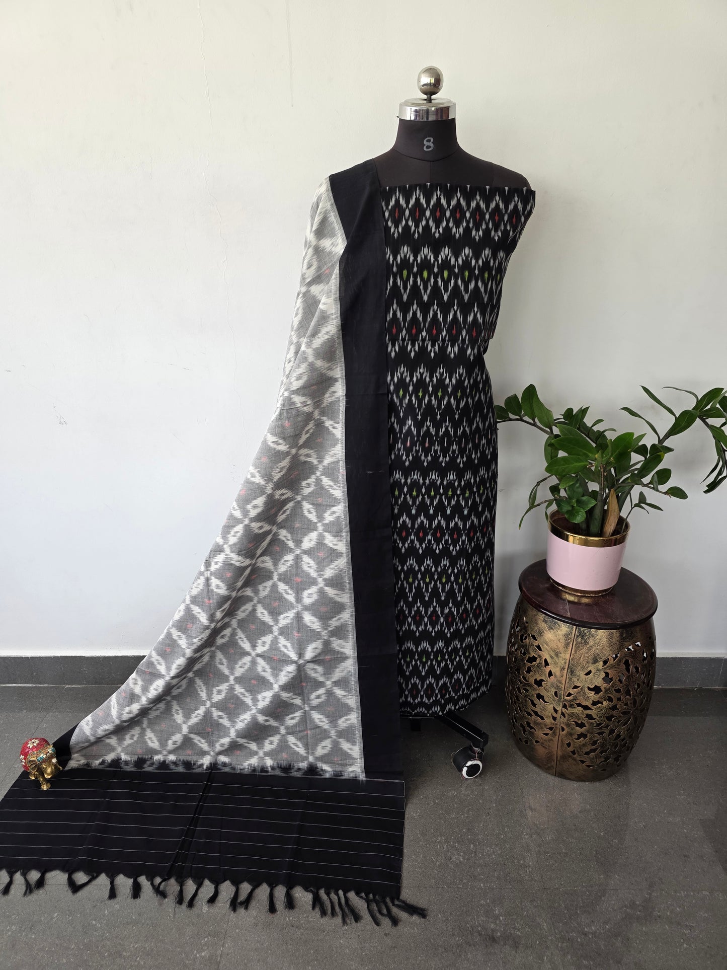 Handloom Mercerised ikkat cotton salwar set (black)- KK276