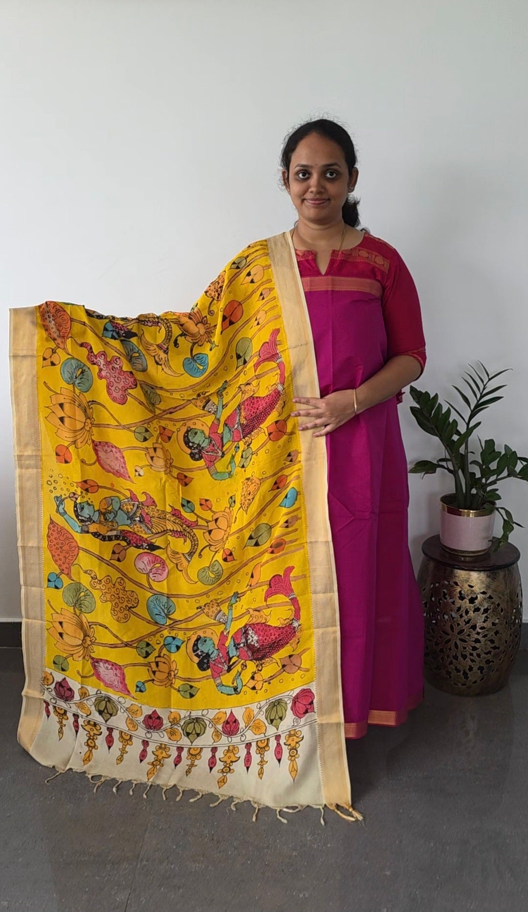 Premium mangalagiri handloom cotton with pure pen kalamkari duppatta - 105
