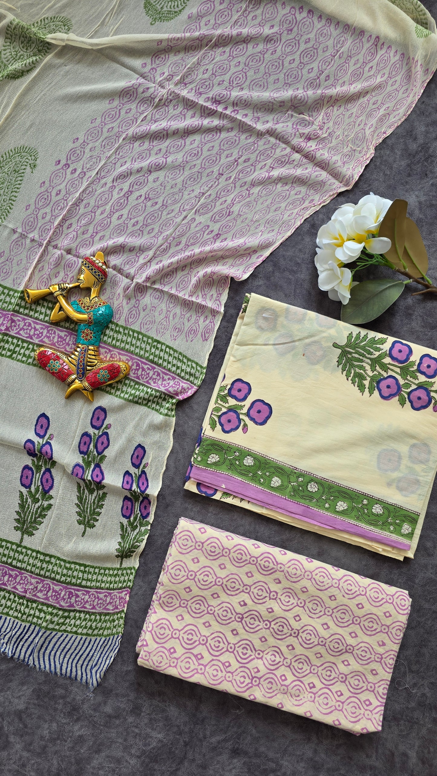 Handblock Jaipuri pure cotton with chiffon shawl - JX62