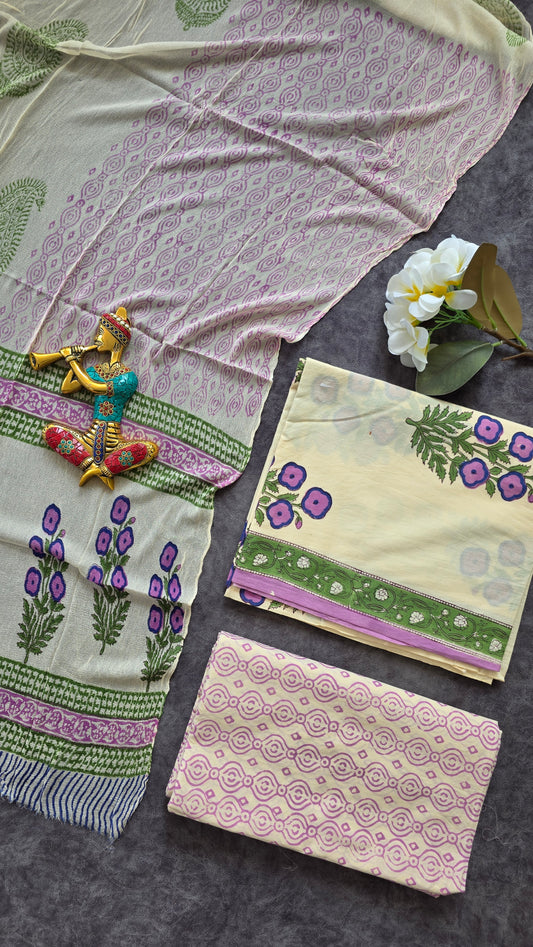 Handblock Jaipuri pure cotton with chiffon shawl - JX62