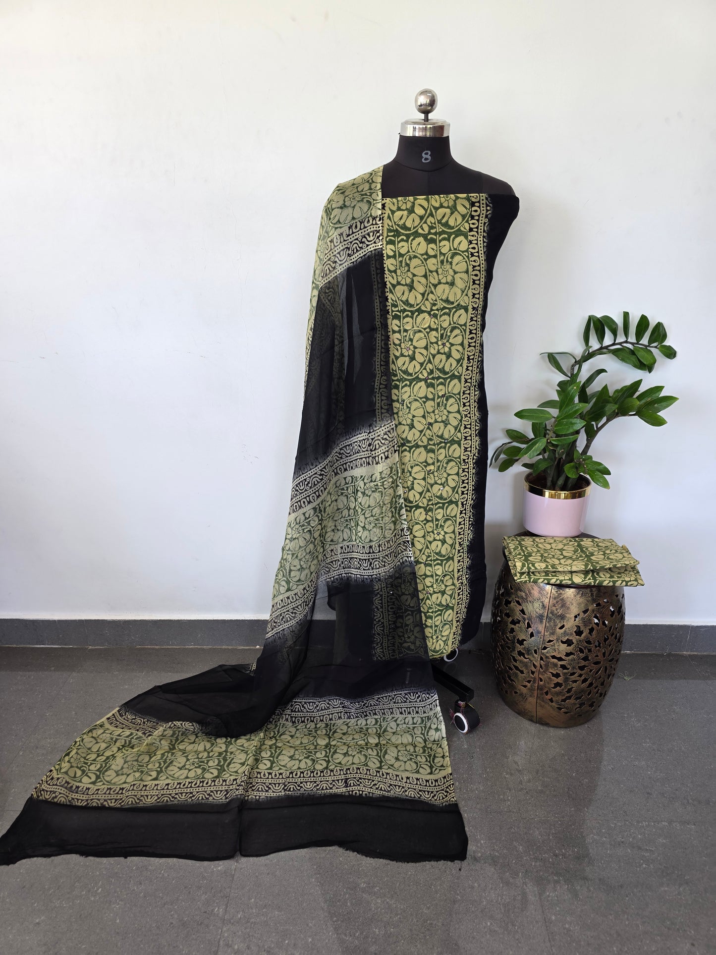 Handblock georgette salwar set with handwork mirror work- GE161