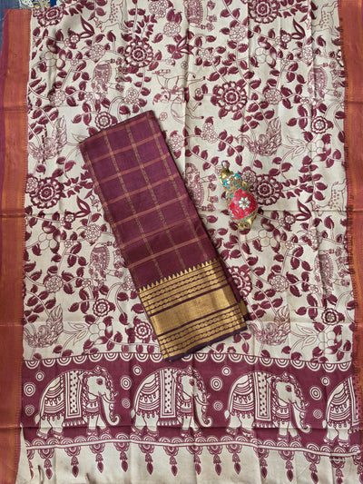 Handloom checked mangalagiri pattu top with chennuri kalamkari duppatta -AK613