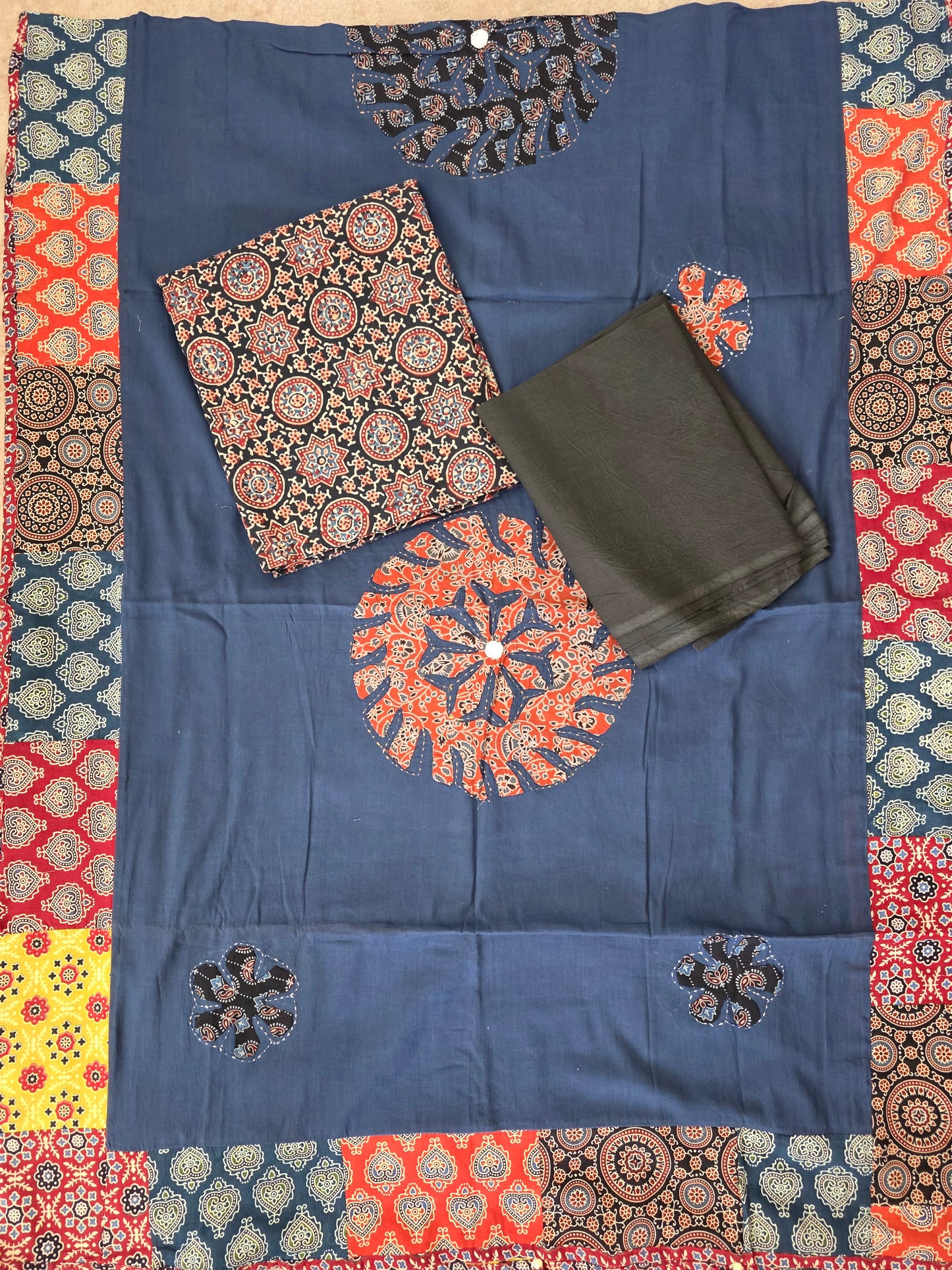 Handcrafted ajrakh cotton top with applique cotton shawl - BAA34