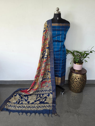 Handloom checked mangalagiri pattu top with chennuri kalamkari duppatta -AK608