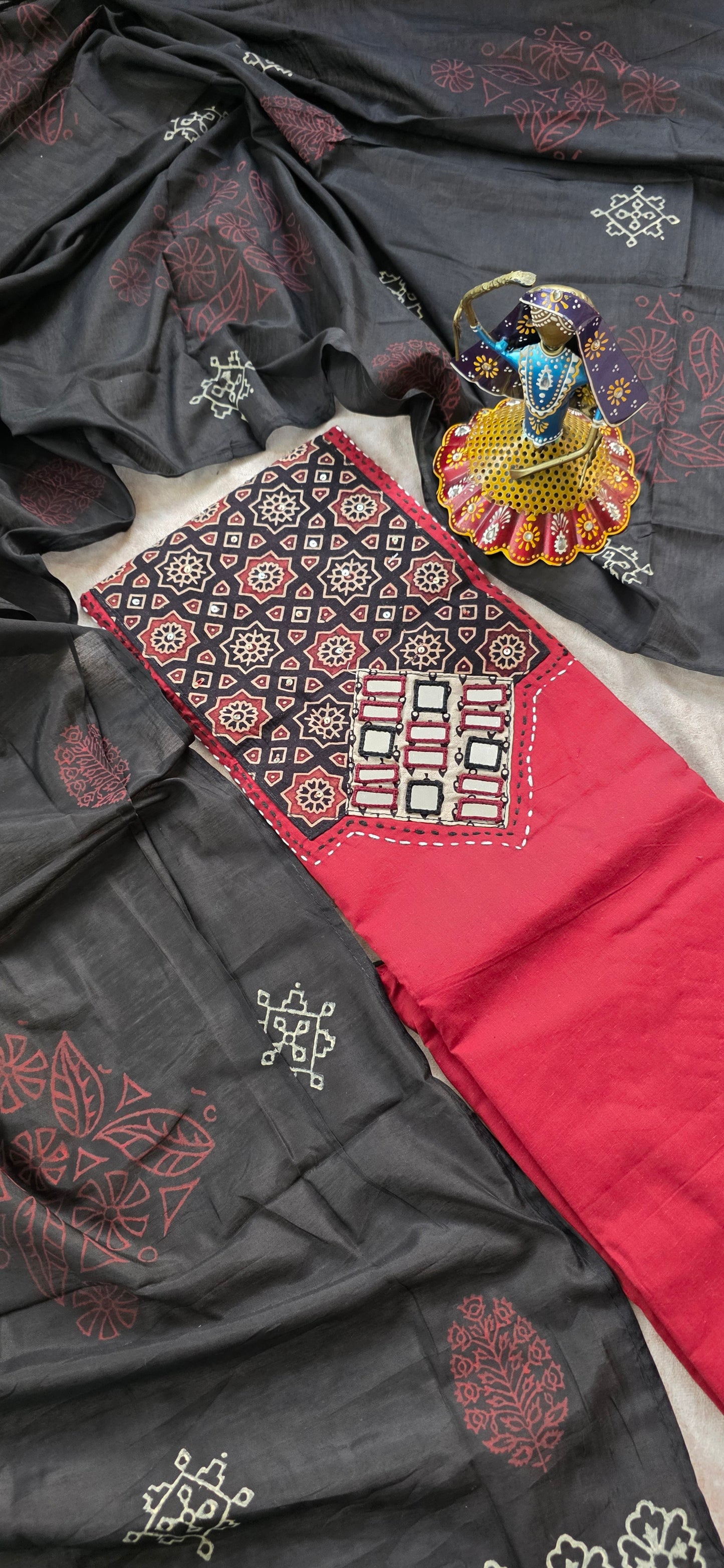 Pure ajrakh cotton set with silk shawl- Red