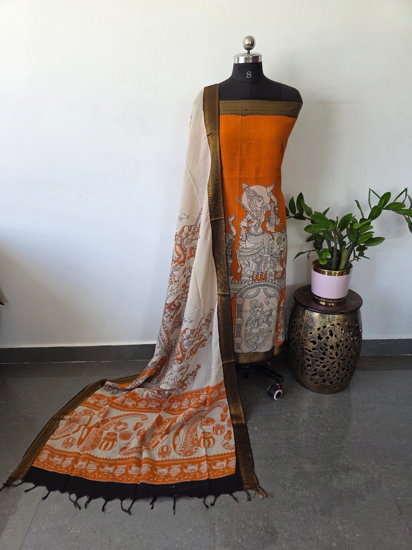 Premium chennuri silk kalamkari salwar set with nizam border - AK243