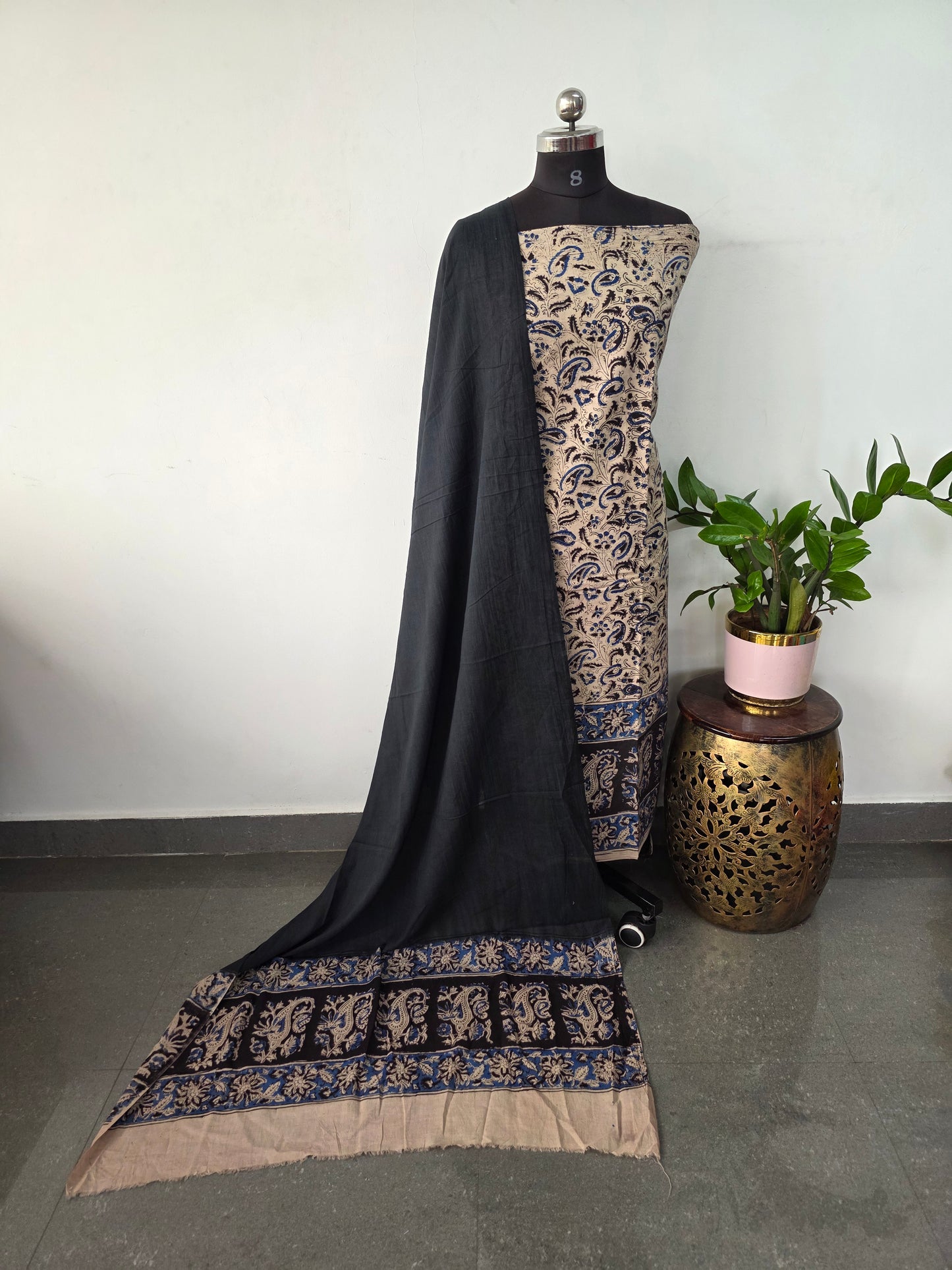 Handblock pure kalamkari cotton with border ( 2 pc set )- AK296