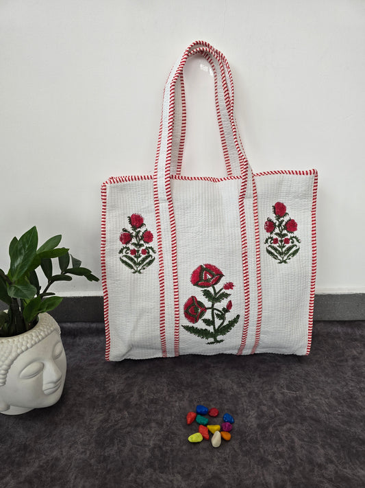 Handblock Jaipuri quilted cotton bag with zipper - QZ41