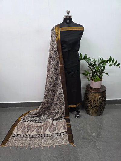 Earth & Loom - Mangalagiri cotton top with chennuri handblock kalamkari silk shawl (black)- MK25