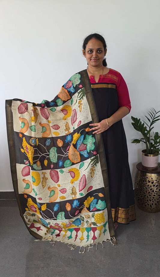 Premium mangalagiri handloom cotton with pure pen kalamkari duppatta - 121