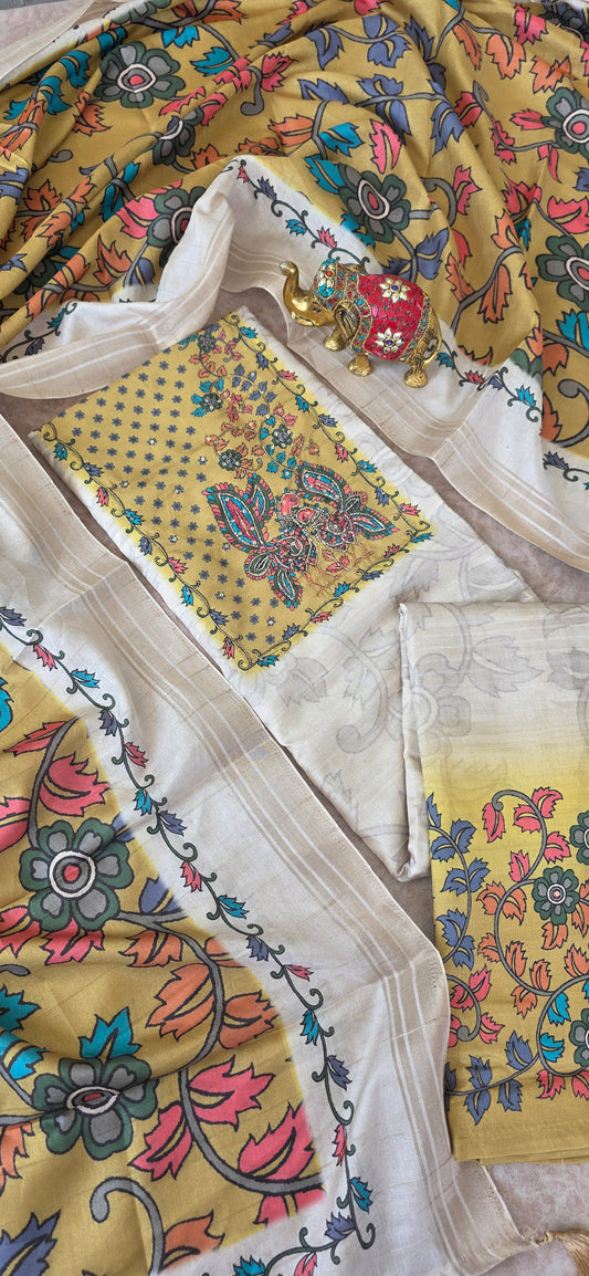 Premium fancy kalamkari semi tussar silk set - yellow