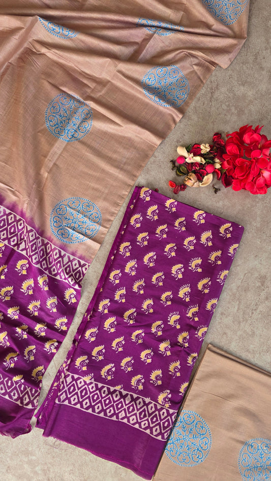 Bhagalpuri katan handblock silk set - DB13