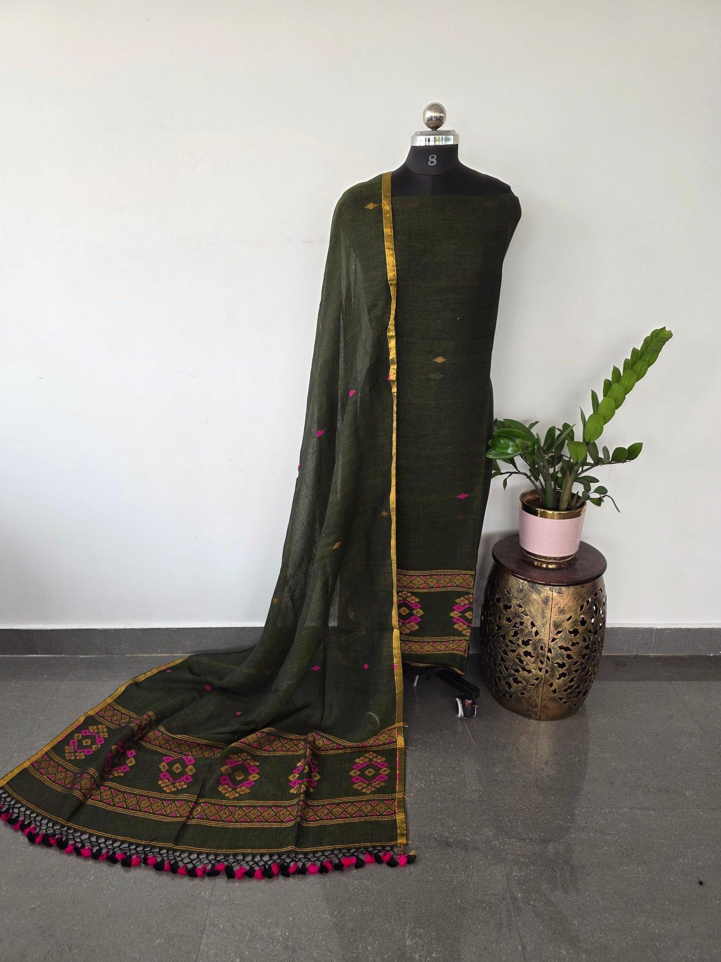 Premium handloom linen jamdhani set( deal green)- JMM106