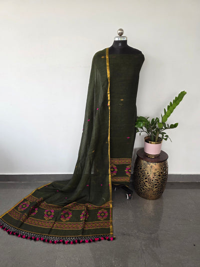 Premium handloom linen jamdhani set(deal green) - JMM106