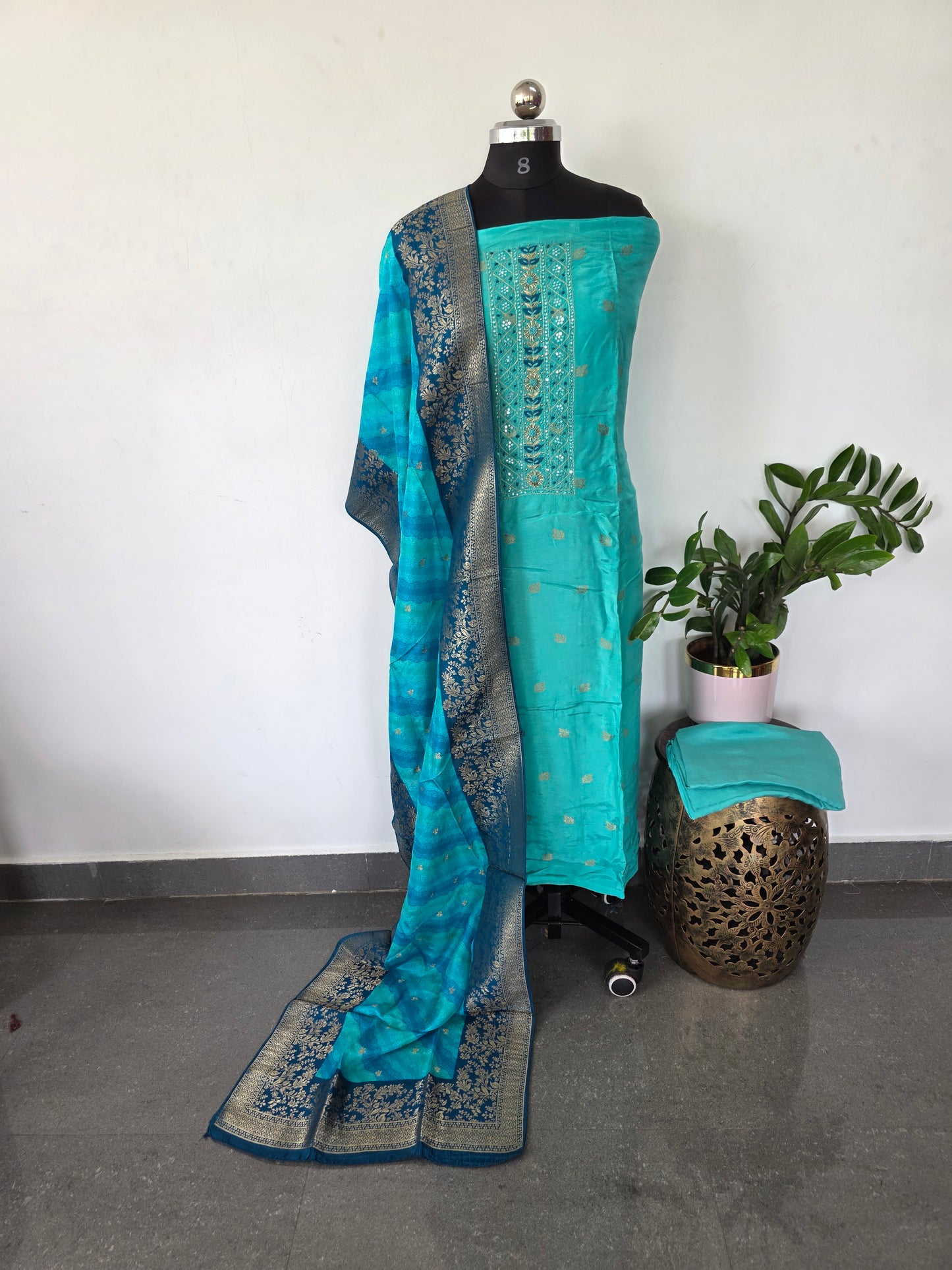 Handwork embroidery  Banarasi silk set - CLA354
