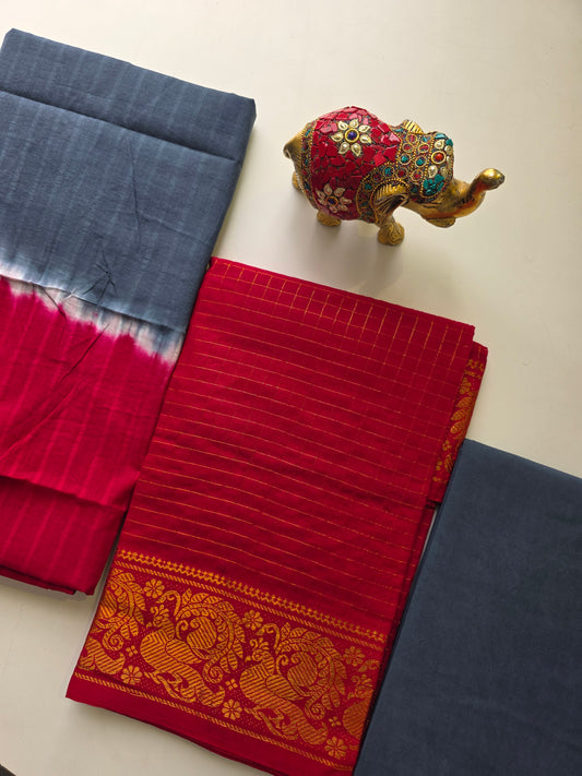 Madurai sungudi zari kattam salwar set - red with grey